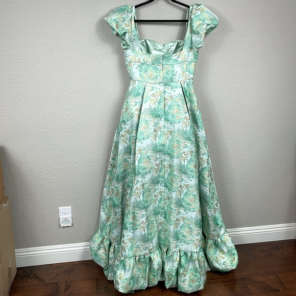 NWT Mac Duggal 68276 Green Floral Print Puff Sleeve High Low Brocade Gown Sz 10 - Picture 8 of 15